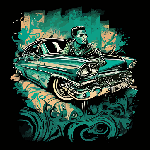 a homie cruising in a low rider very detailed graffiti style, vector