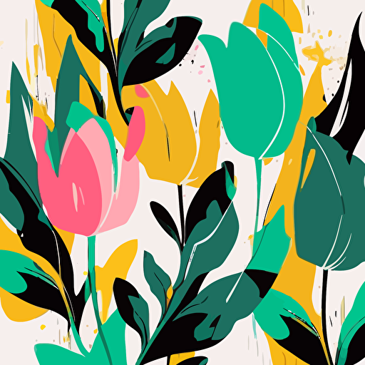 Trendy and colourful of tulips and leaves brushed strokes style, seamless pattern vector ,Design for fashion , fabric, textile, wallpaper, cover, web , wrapping and all prints, white background
