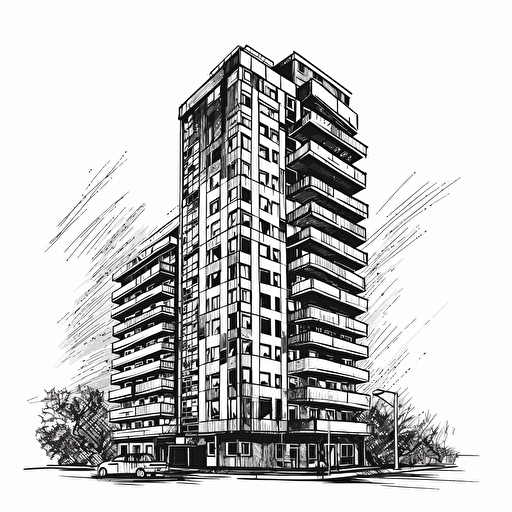 high rise building, 2d vector art, black and white