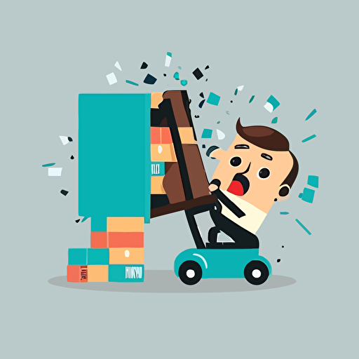 worker crashing forklift into shelving, flat vector illustration