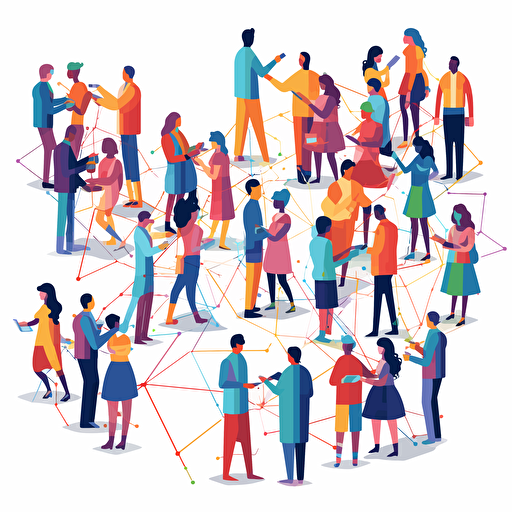 vector art of people connecting with eachother, both online as offline. Many different types of people. Fresh, happy colors.