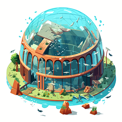 isometric cartoon vector image of a smashed aquarium dome building with transparent background