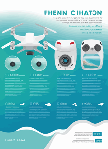 product flyer, drone theme, flat vector design, white background, ocean color foreground, four main products on display, large heading at top