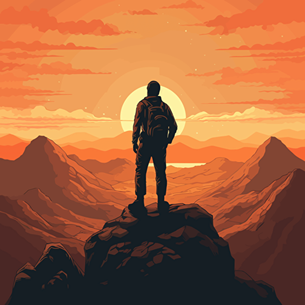 vector art of a man standing on top of a mountain looking at the sunset, detailed,