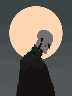 minimalism, minimalism, minimalism, black, moon, bald assassin man in ethereal abstraction, simple vector art, contemporary Chinese art, color gradients, layered forms, whimsical animations, emotional faces, sharp shape