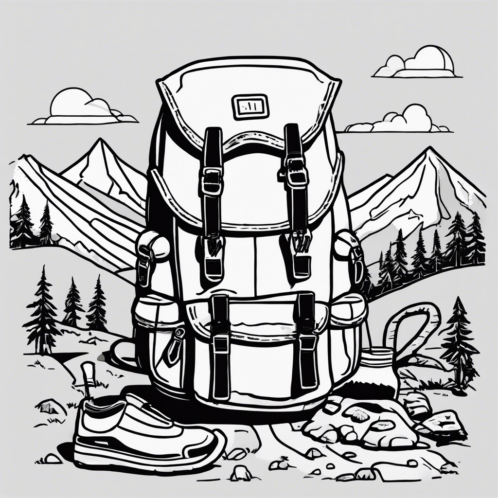 Boots, a backpack, and a compass laid out on a hiking trail, illustration in the style of Matt Blease, illustration, flat, simple, vector
