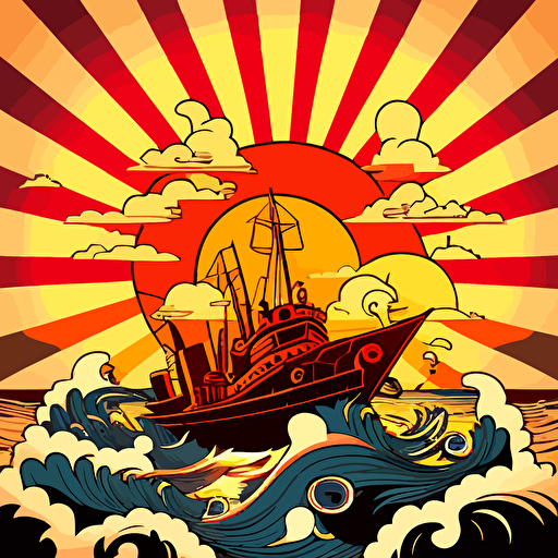 trippy cartoon sunrise in the style of Sailor Jerry, vector art