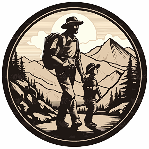 a vector image of a dad and baby hiking with a mountain view in the background using only black, on a white background, badge style
