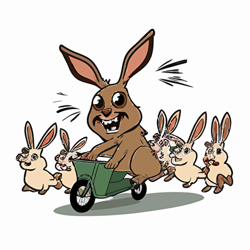 adorable jackalope on a tricycle fleeing from a pack of angry dogs, head on perspective, vector logo, vector art, emblem, simple cartoon, 2d, no text, white background