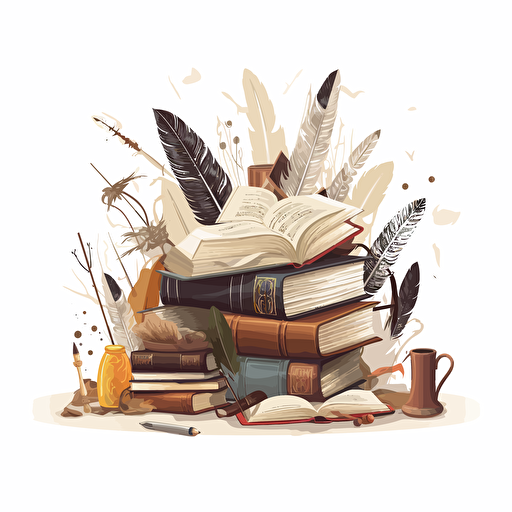 vector image with white background of a desk piled with books and quills