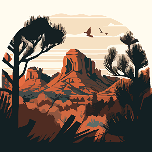 muted colored, detailed flat vector image of sedona buttes and treeline, stylistic collage with sky and silhouettes, high resolution