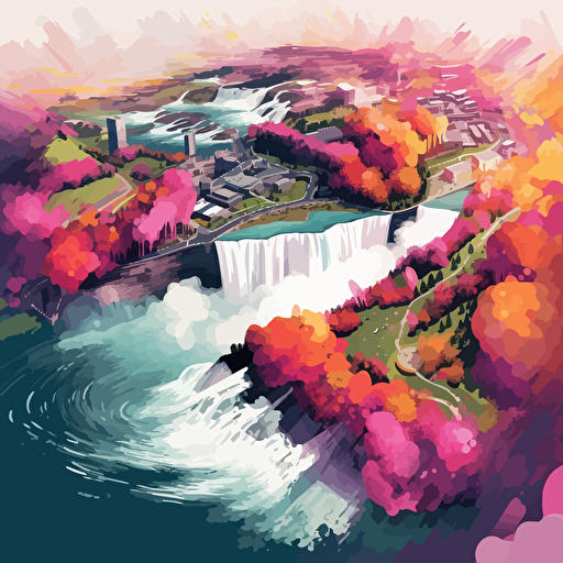 an areal illustration, vector of Niagara Falls as seen from a helicopter, aspect ration 16:9, sharp, colorful, summer, vibrant, mist, artistic v 5.1
