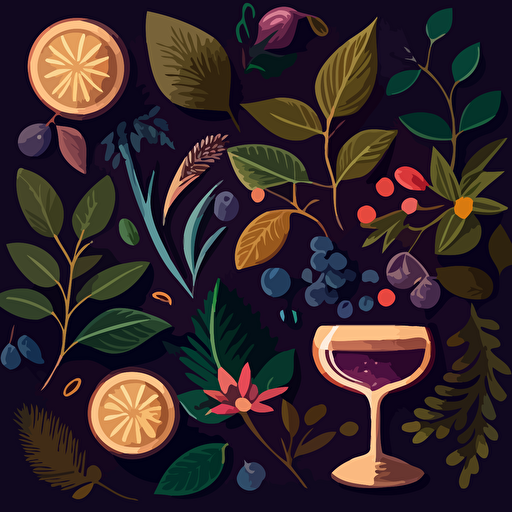 A vector pattern of botanicals like on Wild Folk Botanical Cocktails beverages, vector illustration