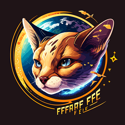 a feirce feline face on a wasp body, hybrid animal, flying in space above planet earth, logo flat, vector