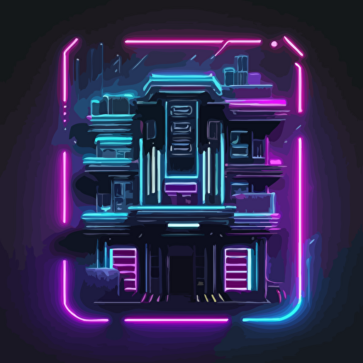 logo futuristic detailed neon lights illustration cartoon vector, cyberpunk architecture abstract, shapes, simple, one color