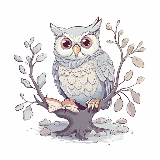 a happy Owl reading a book, gray color and cream color owl, sitting on a branch, white background, vector illustration, illustration