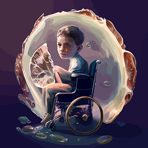 a young boy in a wheelchair holding a beautiful oyster with a viral vector inside in place of a pearl