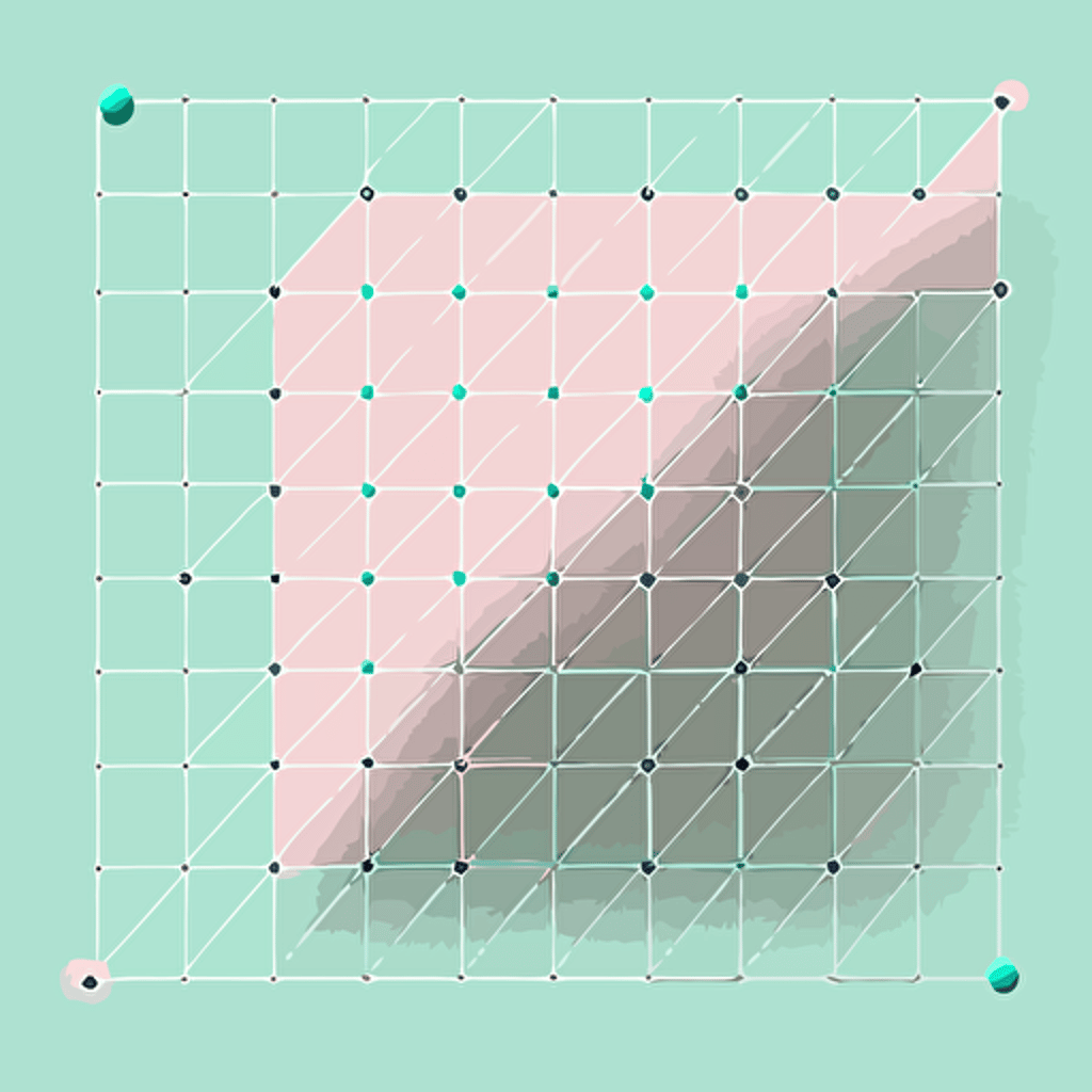 simple vaporwave inspired vector illustration of an angled square grid with connecting nodes on top, minimalistic, white vector on a background with #404040 as the color
