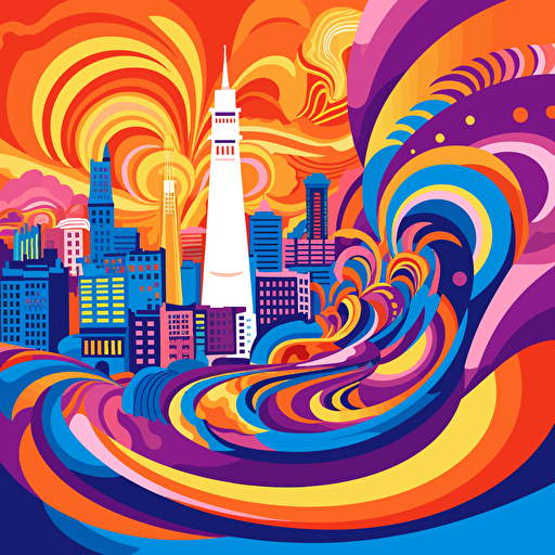 colorful vector art, fun, san francisco with swirls in the background