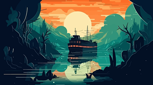 a ship entering the atmosphere of an undiscovered jungle-like planet, the ships heats up as it enters the atmosphere, flat vector illustration