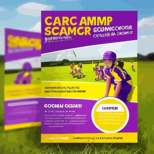 design a fun and engaging single sided A5 flyer for a children sports coaching company promoting their summer sports camp. Brand colours are purple, yellow and white. Include images/vectors of children playing, space for details, pricing, venue, time, booking info etc