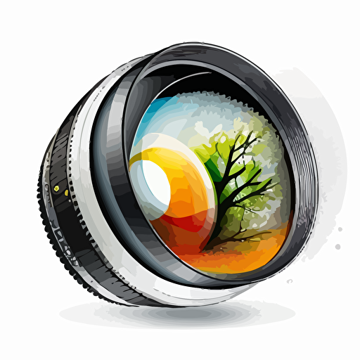 Vector illustration of a lens, scenary inside the lens, no shadow, nothing outside, white background, super clean logo