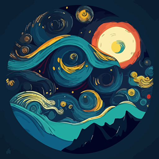 "The Starry Night" by Van Gogh reimagined in a minimalist vector art style, focusing on the swirling shapes and colors of the sky.