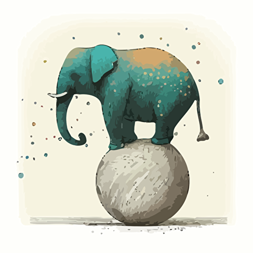 Un éléphant debout, en équilibre sur une grosse boule qui roule, dans un style de dessin vectoriel, très coloré