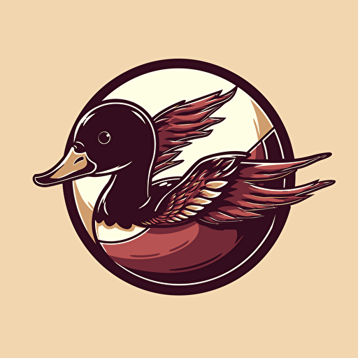 vector logo of a shaded maroon ball with a thick single seam, a mallard flies around it