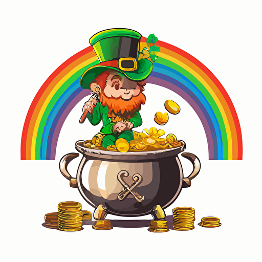 leprechaun at end of rainbow with pot full of gold coins, vector logo, vector art, emblem, simple cartoon, 2d, no text, white background