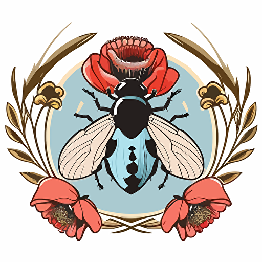 logo, cartoon, queen bee, red poppy flower, pale blue accent, vector, white background