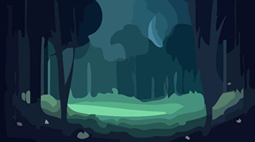 Flat cover 2D art of a blueish and greenish forest with a few fuzzy fireflies, simple flat natural elements and few animals. dark mood and evanescent moon in the distance, dark pinetrees, flat dark colors, grainy gradient shadows, vector style.