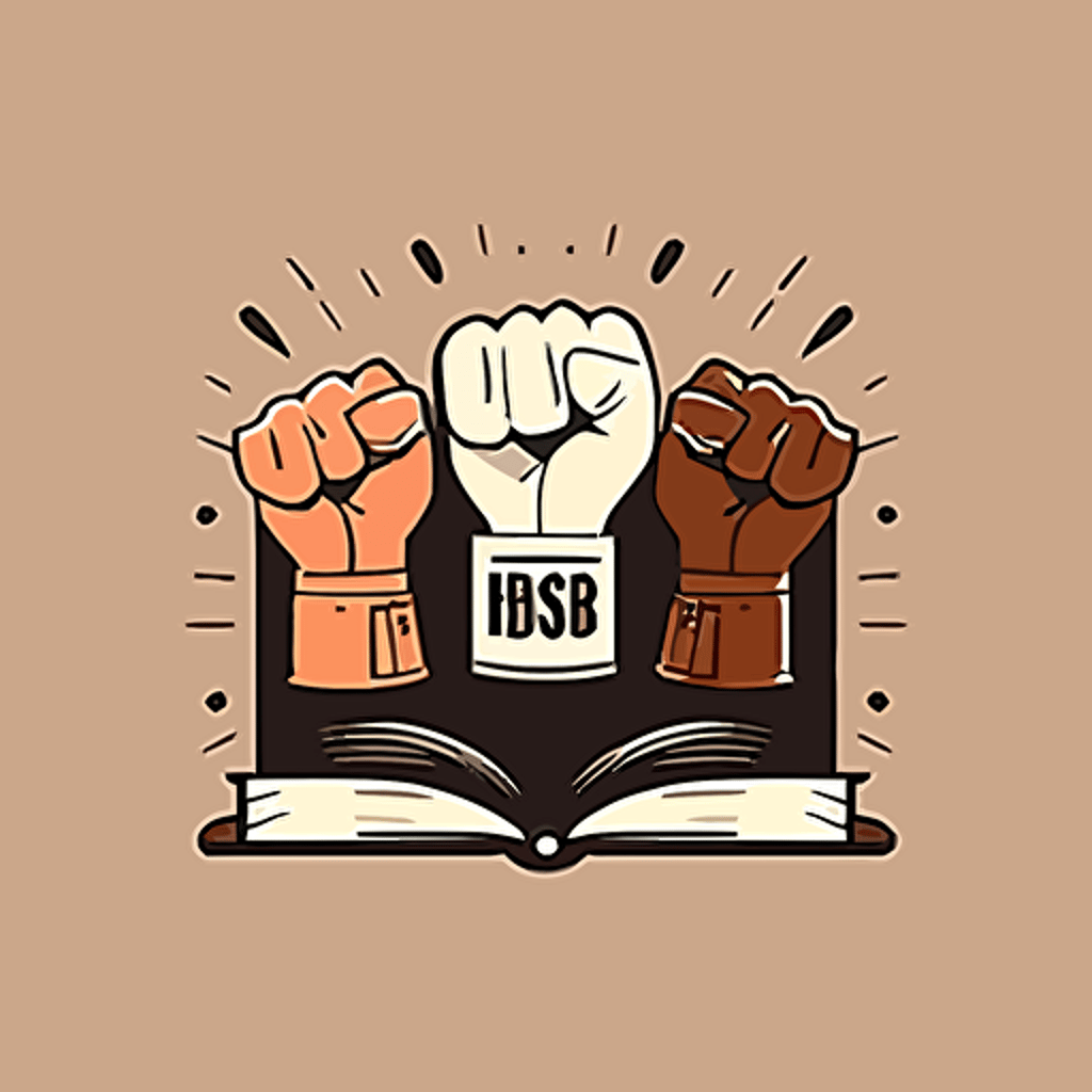 flat vector art, logo for book club, three fists in the air, white fist, brown fists, black fist, book