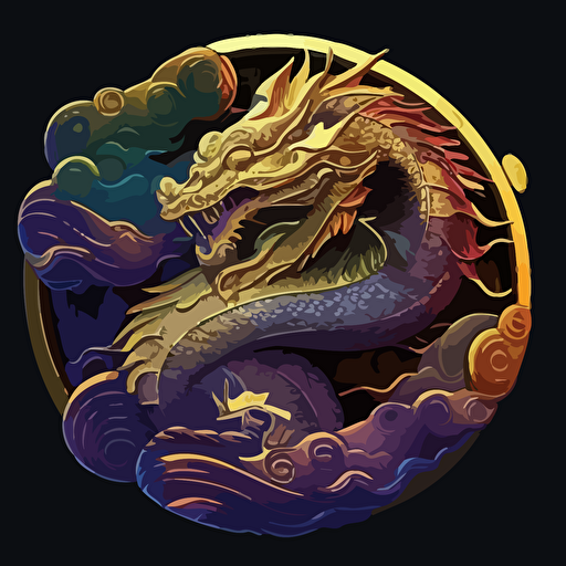 dragon japanese style with fire flames gold coins red clouds scifi vector detailed high definition purple green blue yellow