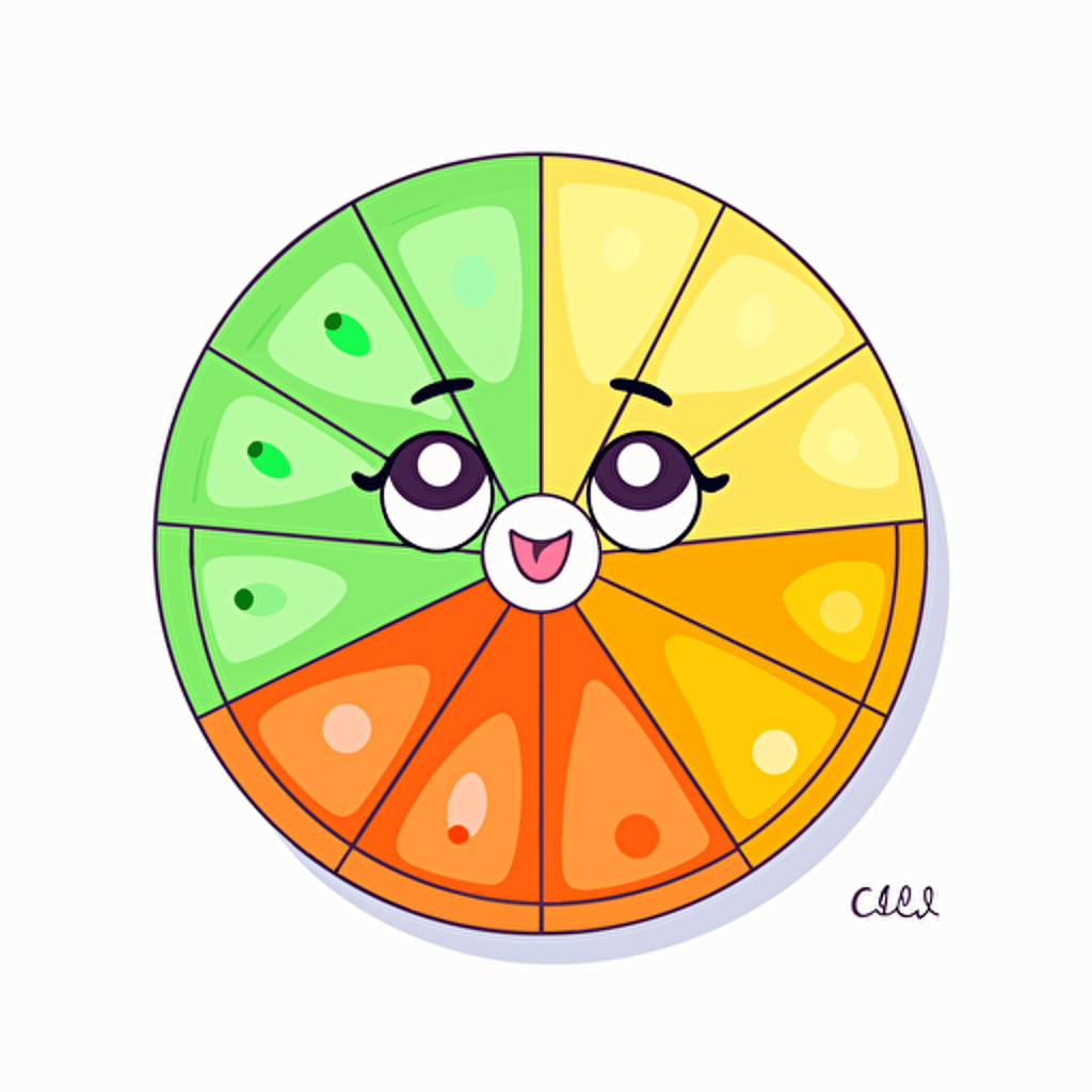 Kawaii orange wheel slice, flat, 2D, vector, 16 colors, white background, in anime chibi style
