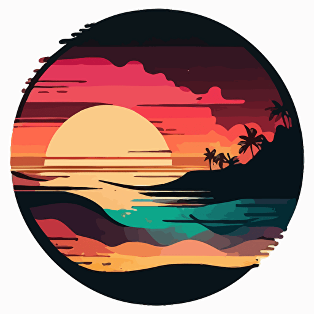 Retro sunset beach view, primary sunset colors in round silhouette melting at the bottom of the image, flat image, vector style