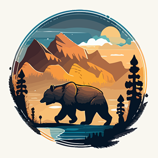 A coin emblem with a Bear in an action pose, dynamic, fast pace action:: background of mountains, color, vector, ar 5:3, c 100