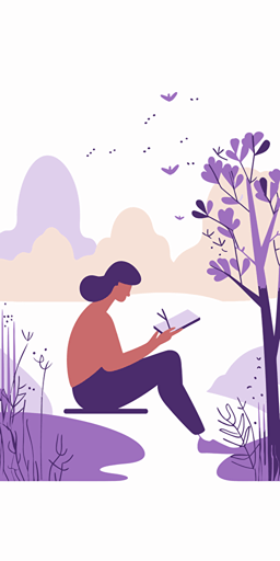 a young person writing into her journal, sitting in nature, sunny. Artsy flat vector illustration, light purples, white background