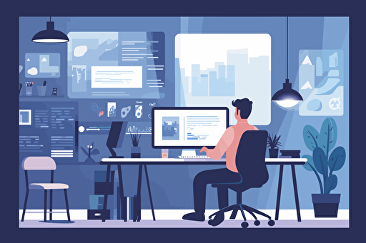 person in an office scrolling through social media, flat style illustration for business ideas, flat design vector, industrial, light and magical, high resolution, entrepreneur, colored cartoon style, light indigo and dark indigo, cad( computer aided design) , white background