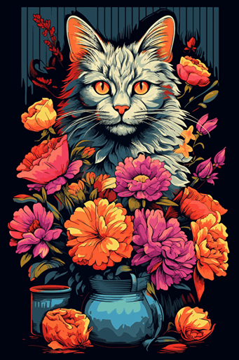 colorful svg vector drawing, a beautiful cat sits near a vase full of flowers