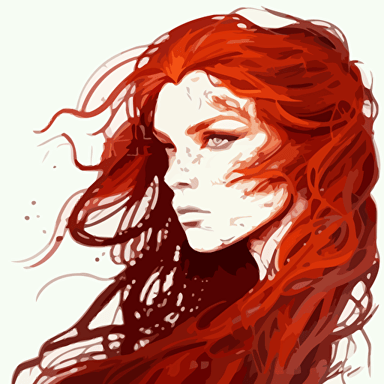 a beautiful red haired witch with long flowing hair, in the future, beautiful light,beautiful highly detail facial feature, high definition, Minimal, Contour, Vector, White Background, Detailed