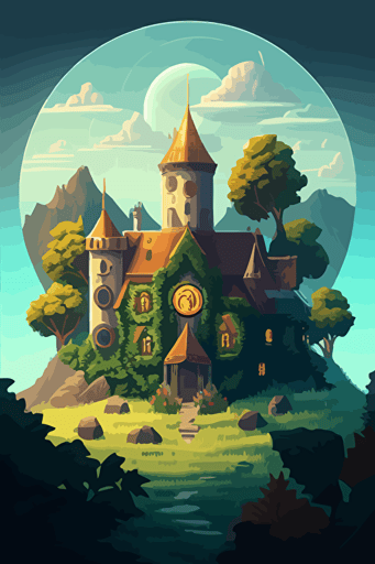 a castle nestled in a lush, green valley surrounded by giant crypto coins. The colors bright and vibrant, a sense of beauty and adventure, vector illustration