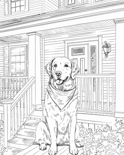 draw a happy golden retriever at the front door of a nice house, wearing a bandana, vector art style, white background