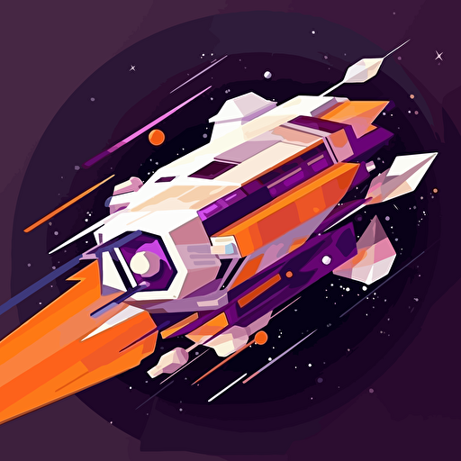 spaceship warping into another universe, 2D, vector, flat art, fedex purple and orange