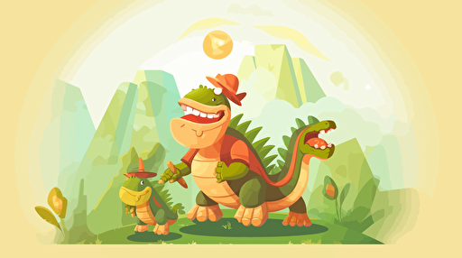 A dinosaur is attacked by leprachauns that are pulling his legs with a rope and riding his back. Above the dinosaur are three wizards sending light beams to the dinosaur. , Corporate illustration style, flat vector. Sketched. Light and bright.,