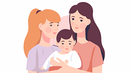 Illustration of young female couple with baby, white background, flat color, flat style, vector art ,