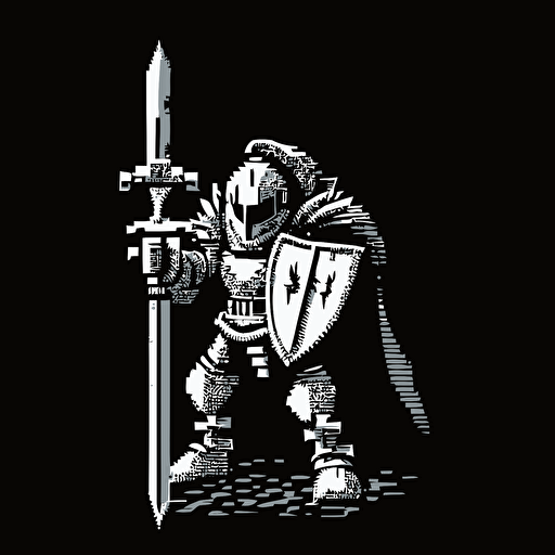 16bit fright knight, white on black background, no shading, 2D, vector, 3:4
