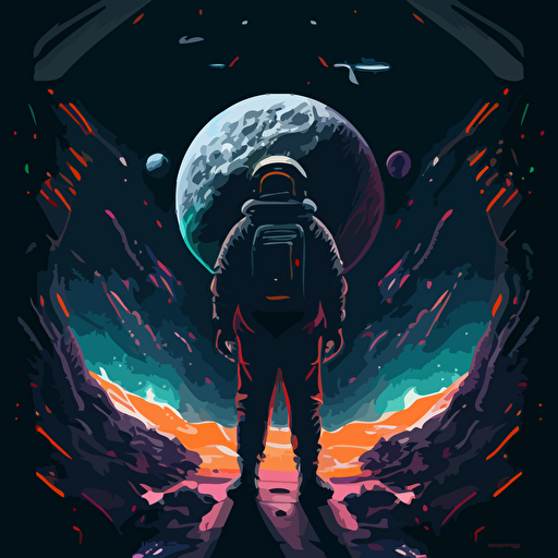 Drawing from the sci-fi genre, design a vector illustration of Satoshi Nakamoto as an interstellar traveler, exploring new planets and civilizations while spreading the word about cryptocurrencies and blockchain technology. Set the scene in a futuristic space setting.