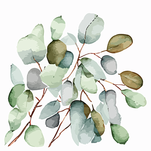 top view, watercolor rustic eucalyptus, vector, white background