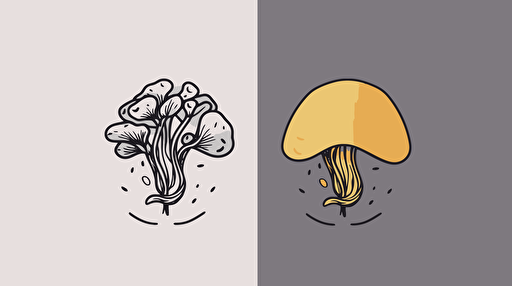 minimal vector logo of a mushroom and pothos, pencil sketch, lavender and golden yellow colors with white and black accent